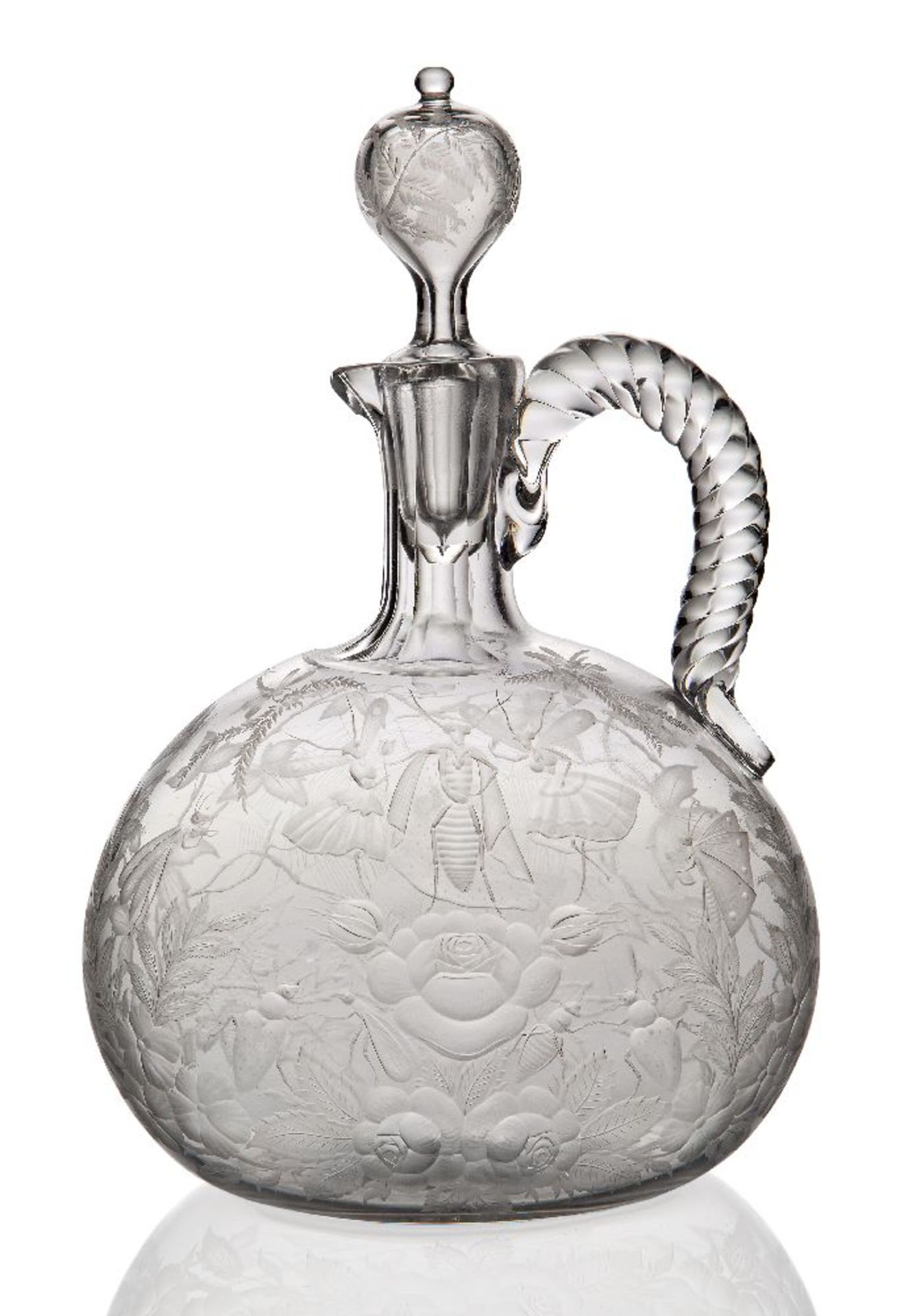 A wheel engraved decanter and stopper possibly by Thomas Webb, Late 19th Century, The flattened form