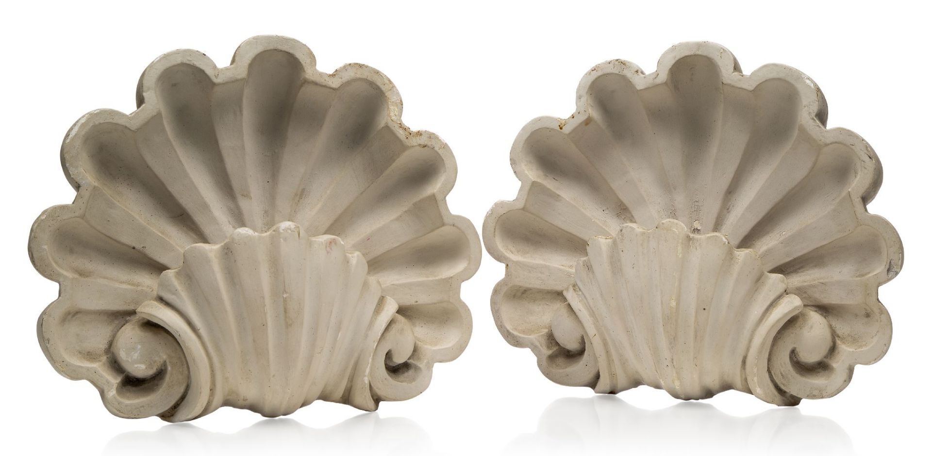 A pair of shell form plaster wall lights, Second half 20th Century, Incorporating stylised scallop