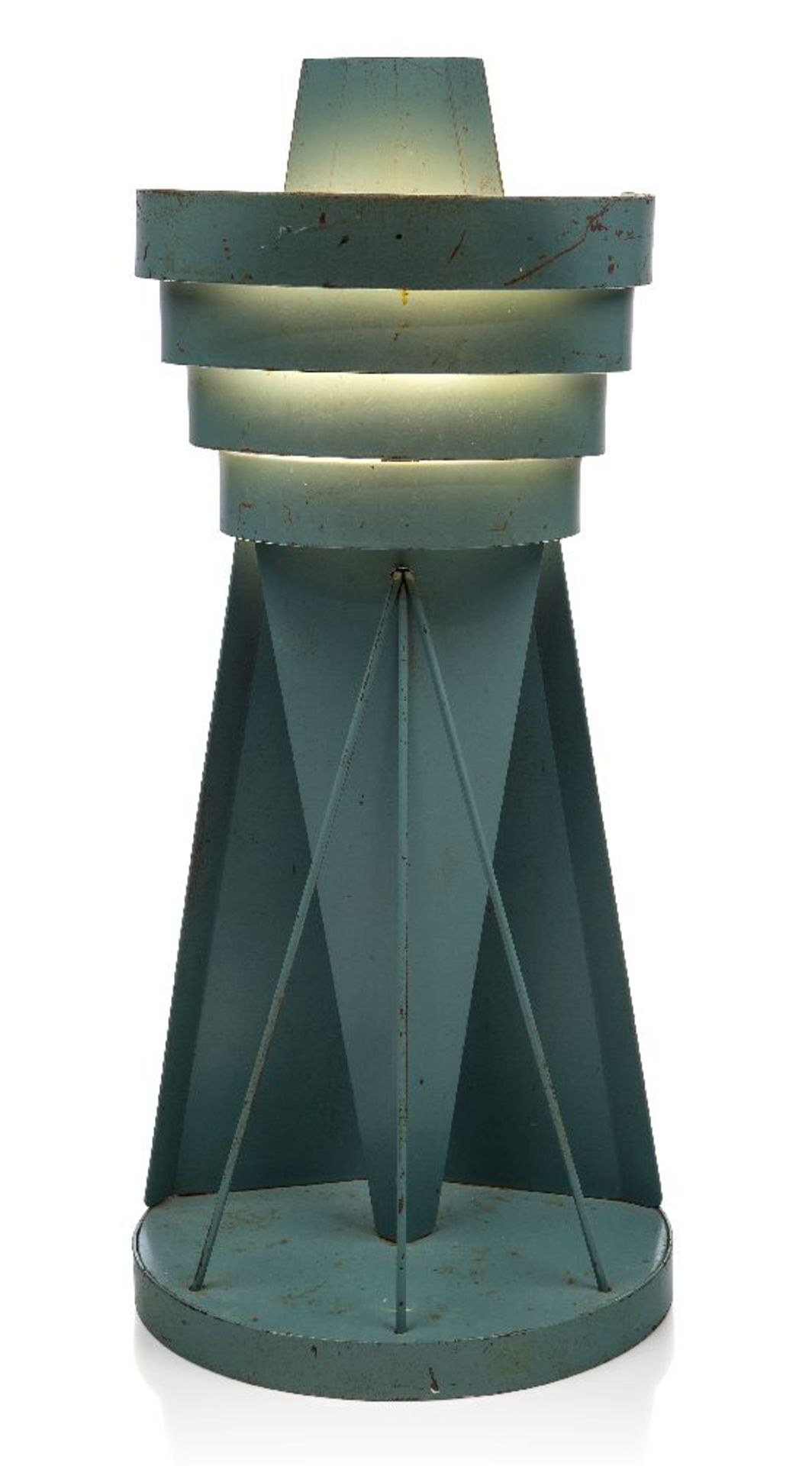 A modernist desk lamp in the manner of Kurt Versen, c.1940/50, In green enamelled steel, the