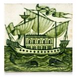 William De Morgan (British 1839-1917), a hand painted six-inch 'Galleon' tile, Late Fulham period