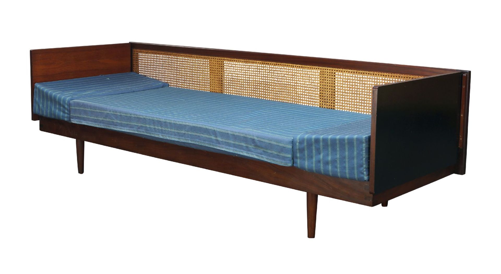 Dennis Young (British), a teak and caned sofa, c.1960, A scarce model, with caned back and fold down