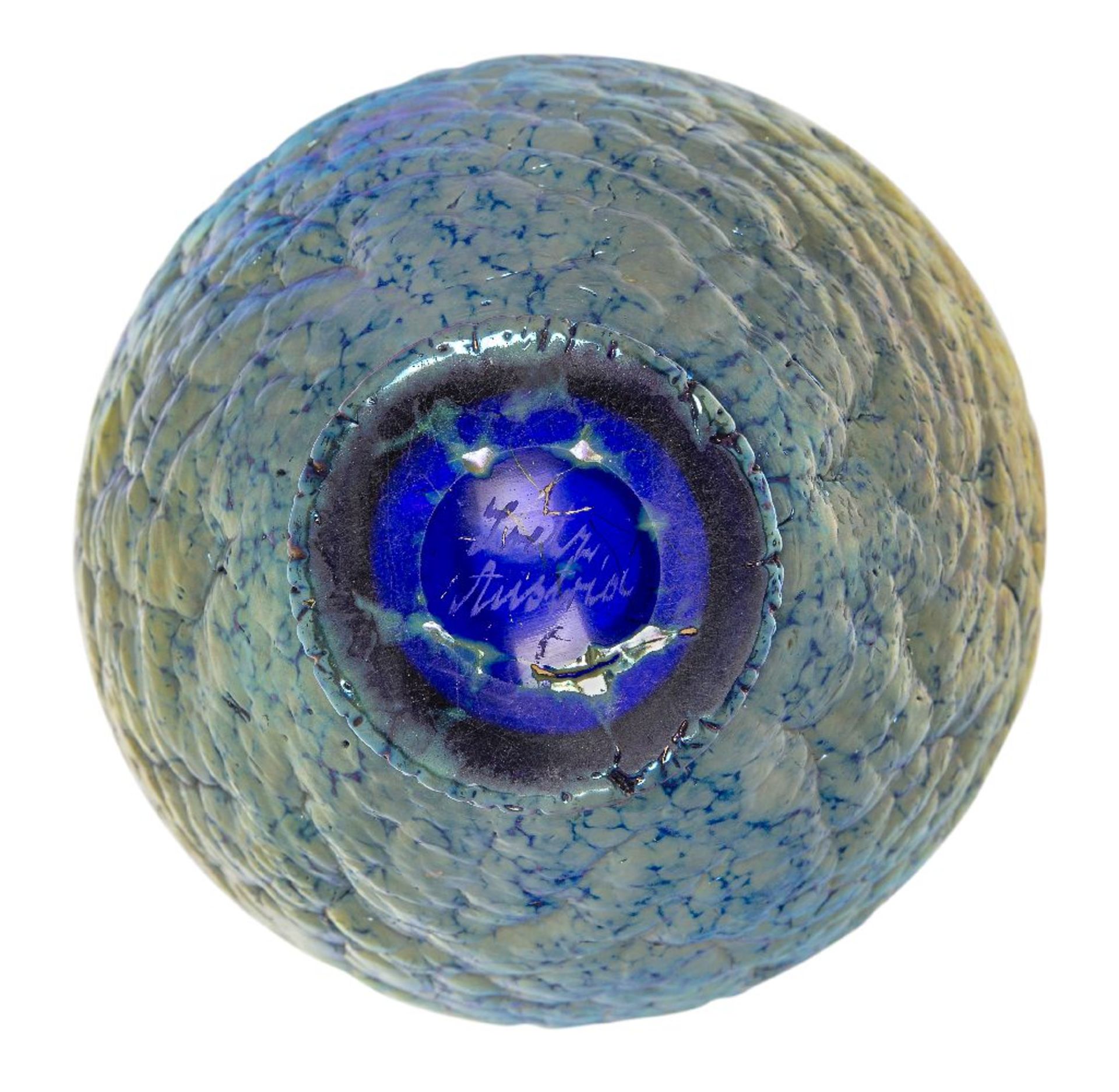 Loetz (Austrian), an iridescent and textured dark blue Phaenomen glass vase, c.1900, PG 377, - Image 3 of 3