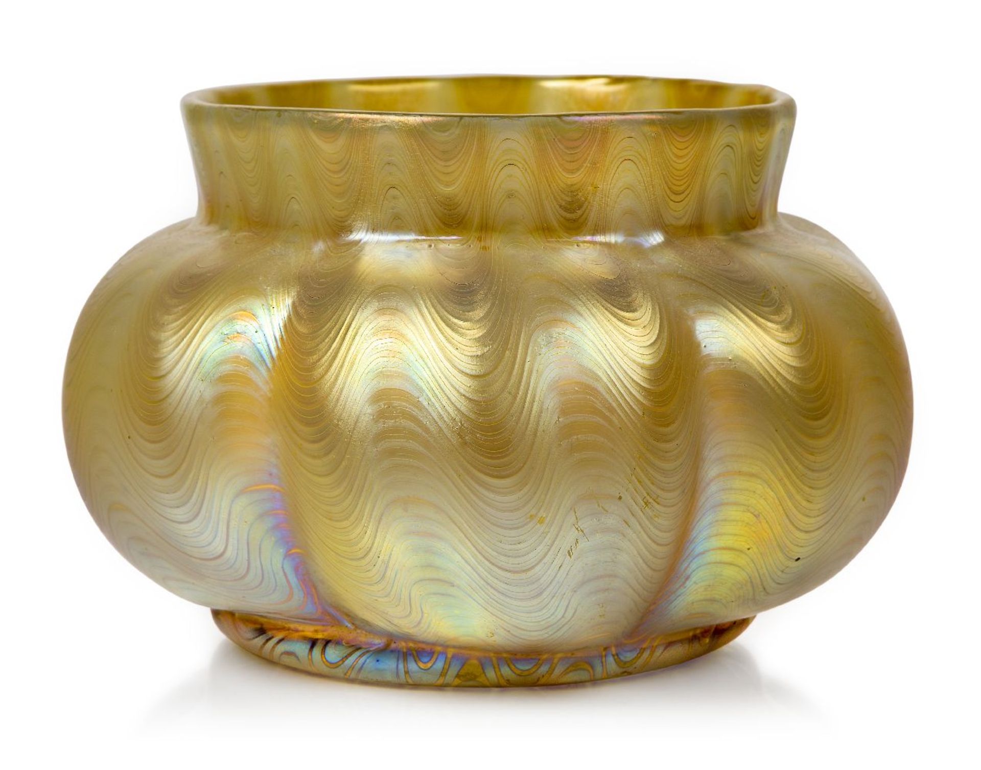 Loetz (Austrian), an iridescent Phaenomen Candia lobed glass bowl, c.1898, PG 6893, ground out