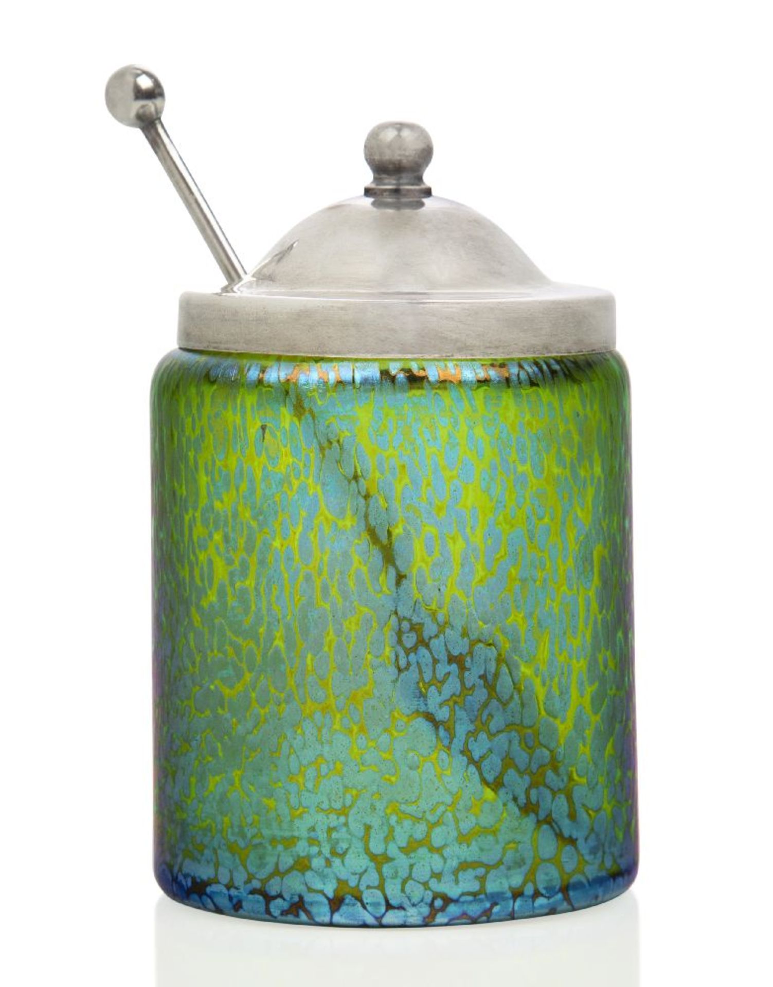 Loetz (Austrian), an iridescent Creta Papillon glass preserve pot with electroplated cover and