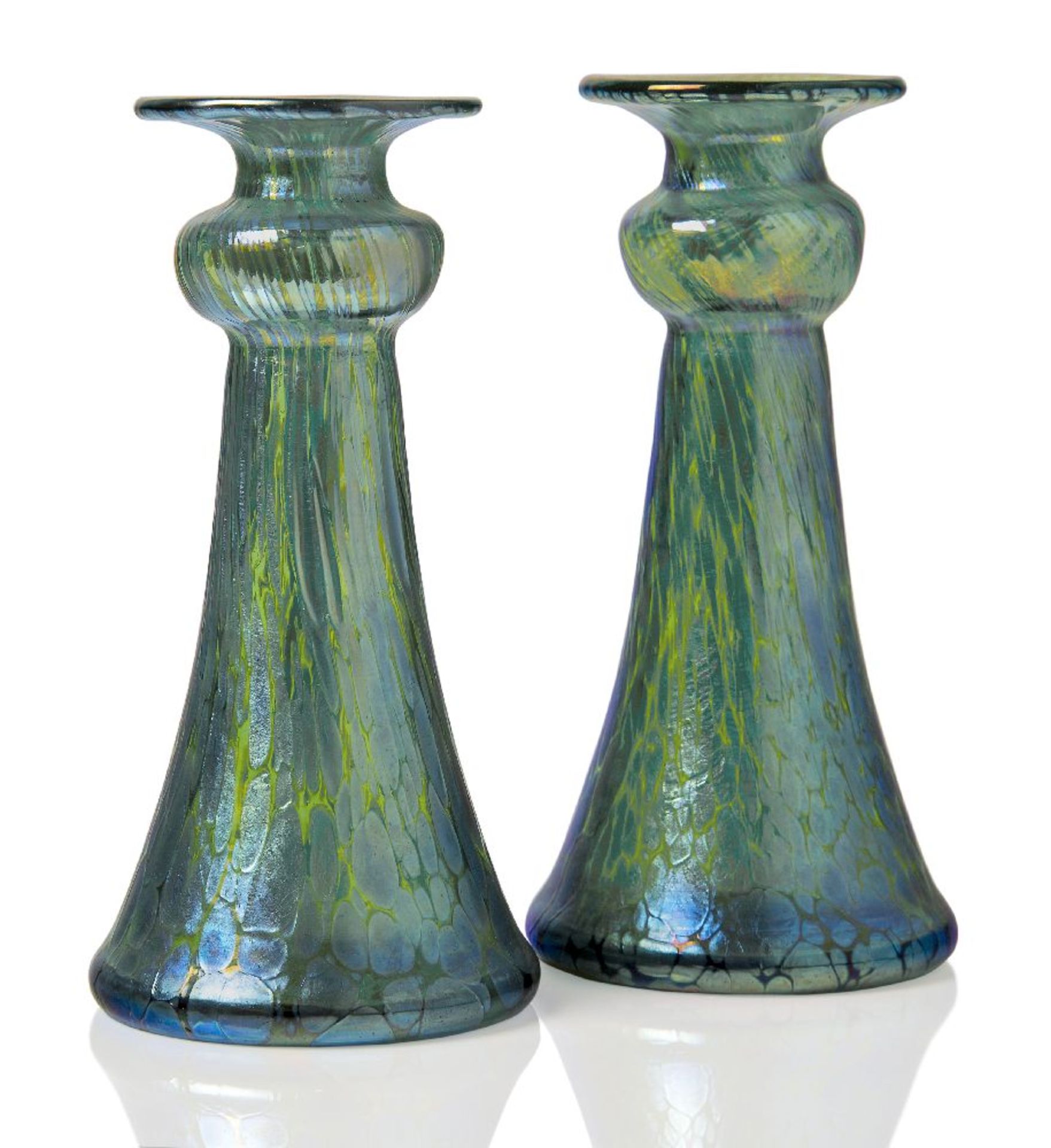 Loetz (Austrian), a matched pair of iridescent Creta Papillon glass vases, c.1900, ground out