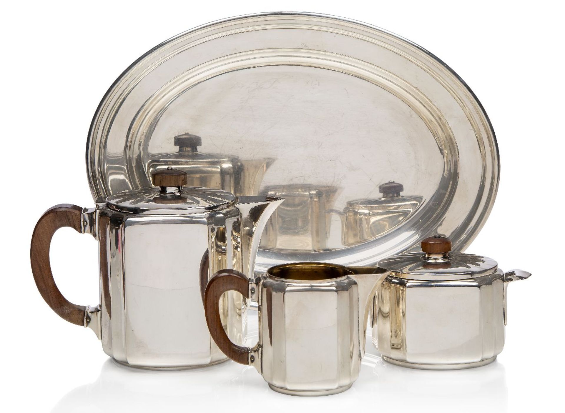 Christofle (French Est.1830), a Gallia metal Art Deco three piece coffee set with an associated tray