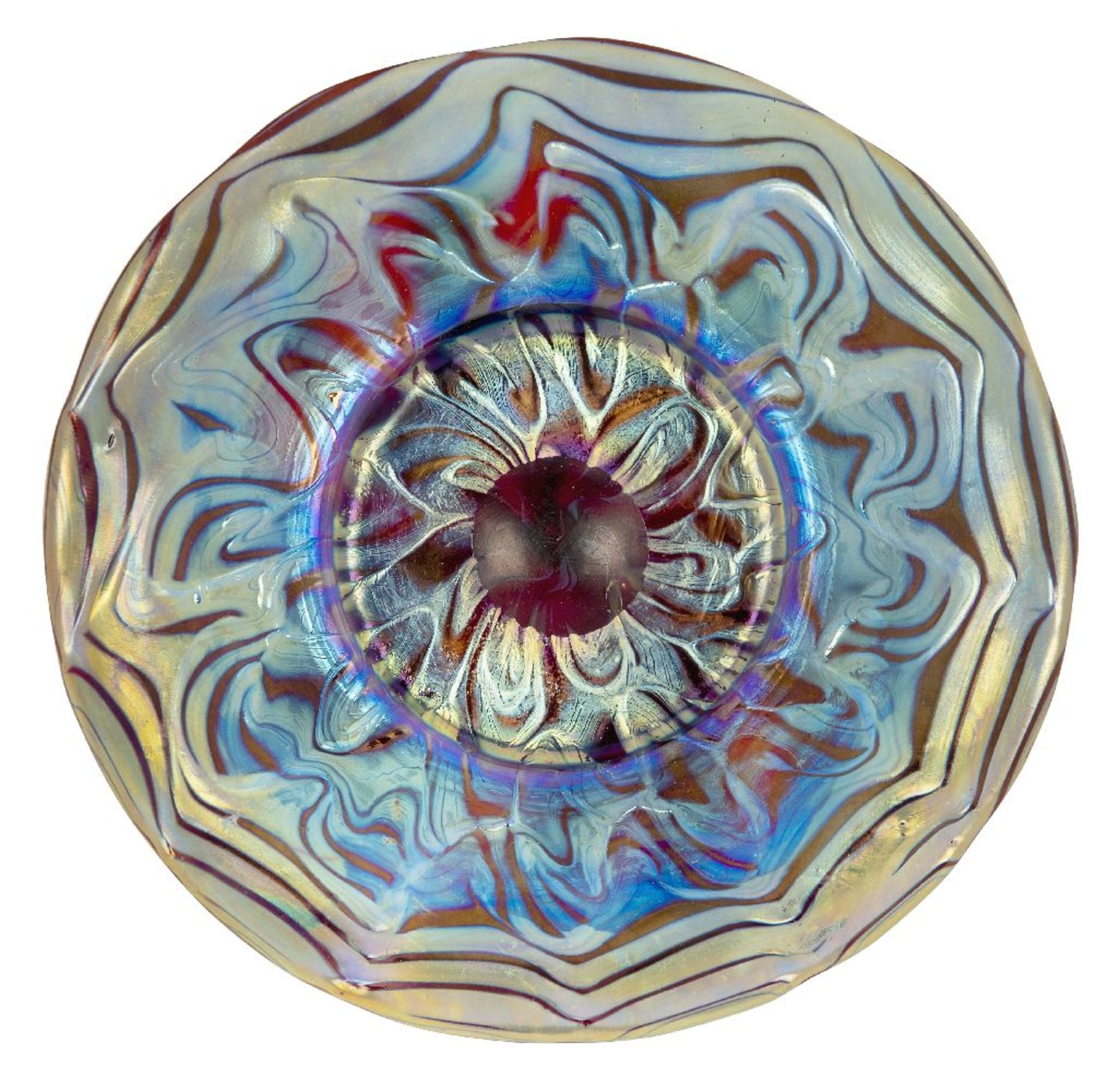 Loetz (Austrian), an iridescent Rubin Phaenomen glass saucer, c.1900, PG 7966, ground out pontil,