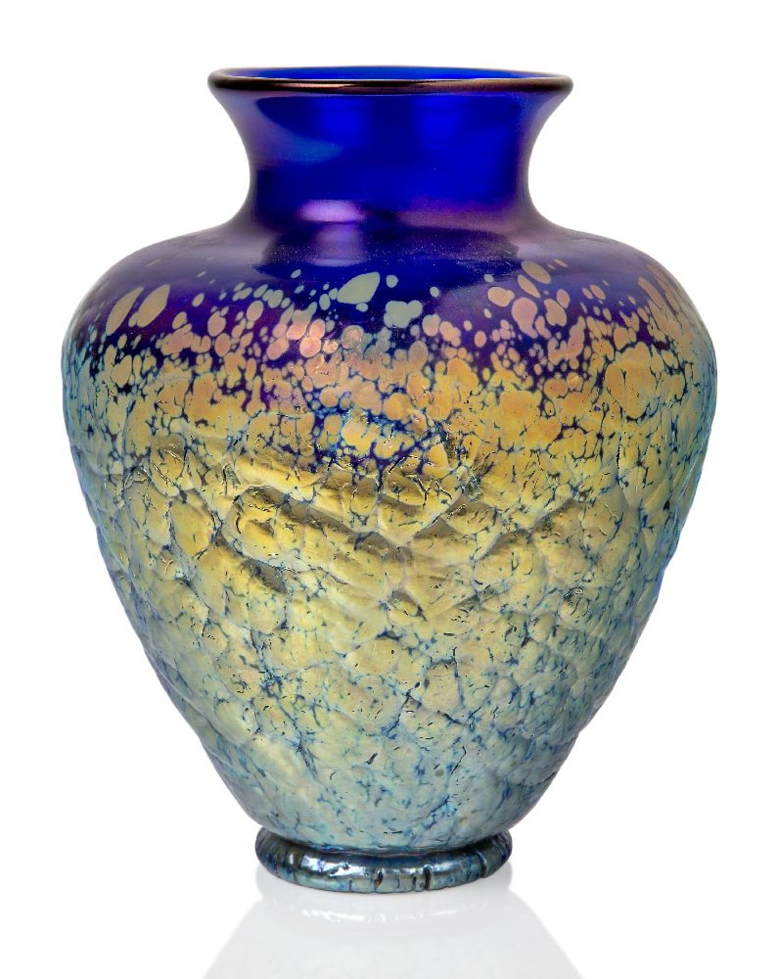 Loetz (Austrian), an iridescent and textured dark blue Phaenomen glass vase, c.1900, PG 377,
