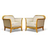 A pair of Art Deco style satin maple armchairs, Second half 20th Century, With beige fabric