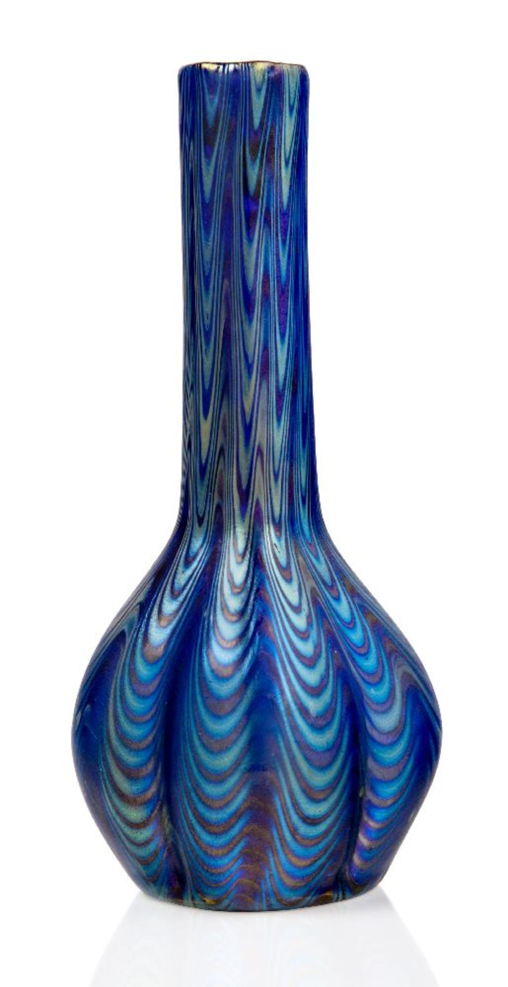 Loetz (Austrian), an iridescent Phaenomen lobed solifleur glass vase, c.1898, PG 6893, ground out