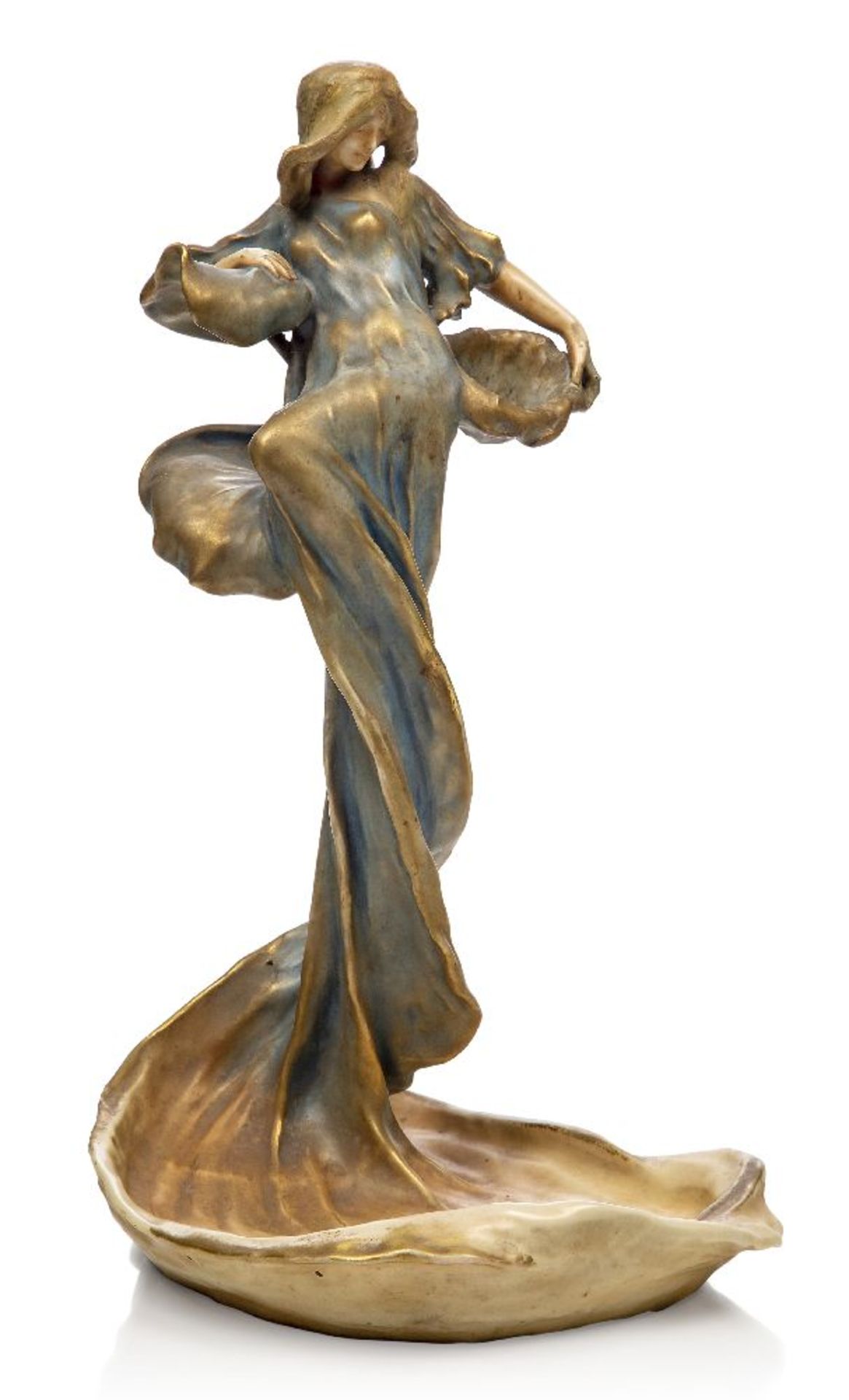 Amphora, a large porcelain figural vide poche of a maiden with cala lily, c. 1896, signed on the