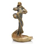 Amphora, a large porcelain figural vide poche of a maiden with cala lily, c. 1896, signed on the