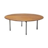 A teak coffee table in the manner of John & Sylvia Reid, c.1960, The circular teak seven ply top, on