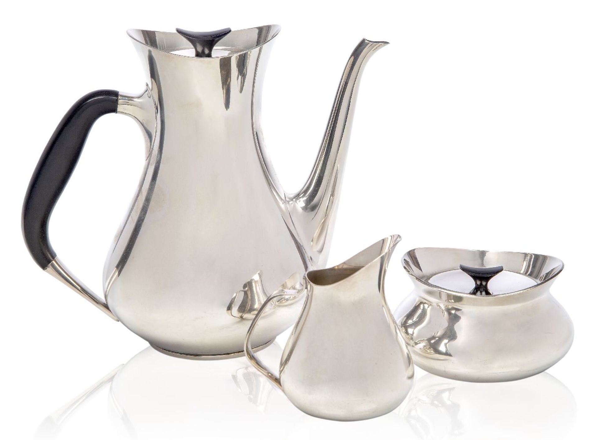 Hans Bunde (Danish 1919-1996), a three piece silver plate coffee service for Cohr, c.1955, each