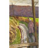 Carel Weight CH CBE RA, British 1908-1997 - Man in a Purple Coat on a Windy Road; oil on board,