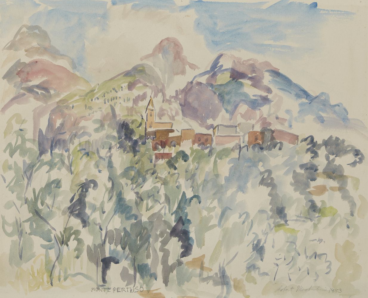 Robert Mackechnie, Scottish 1894–1975 - Monte Pertuso, 1953; watercolour on paper, signed and - Image 2 of 5