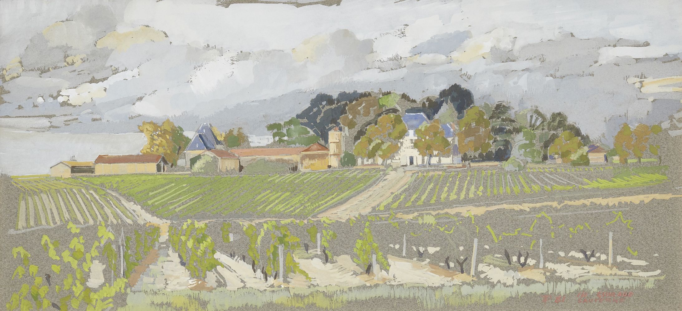 Tom Pomfret, British 1920-1997 - Chateau Guiraud, 1981; gouache on paper, signed with initials,