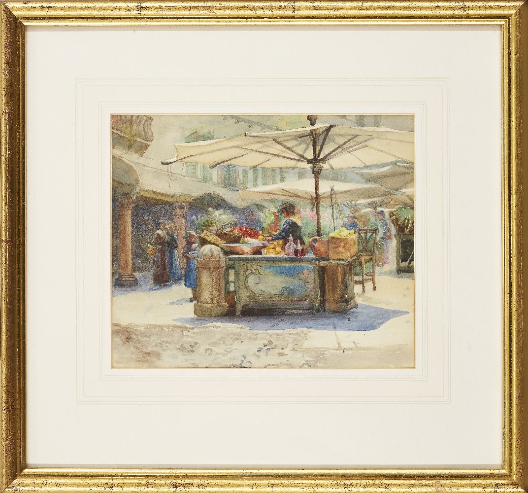 Flora MacDonald Reid, Scottish 1861-1938 - The Market Place, Verona; watercolour on paper, titled on - Image 2 of 3