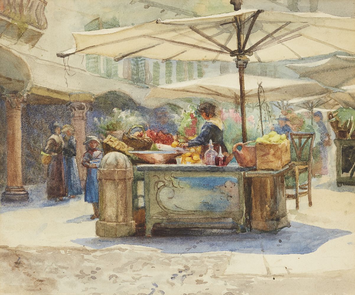 Flora MacDonald Reid, Scottish 1861-1938 - The Market Place, Verona; watercolour on paper, titled on