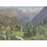 Beatrice Langdon, British 1898–1986 - Chalet and a path through the mountains in Switzerland; oil on