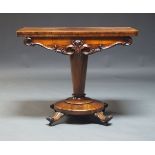 A William IV rosewood card table, the fold over top enclosing green baize lined playing surface, the