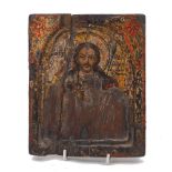 A Russian icon, possibly of Saint Theodore of Amasea, the image within a relief Romanesque arch, the