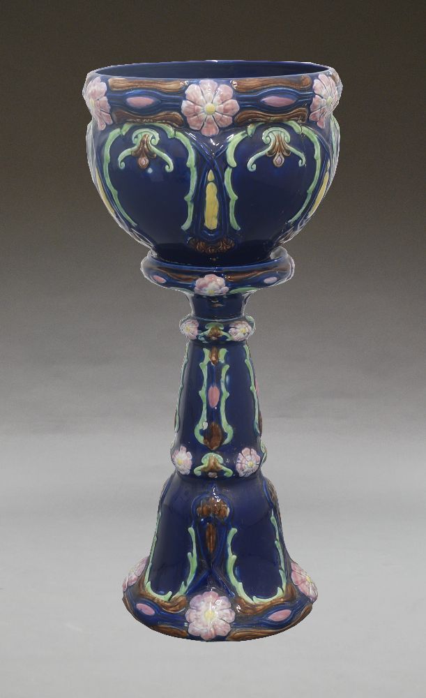 A Victorian jardinière and stand, in blue colour way with an internal pink glaze, 115cm high; - Image 2 of 2