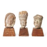 Three small sandstone carved heads, Gupta period, India, 3rd-4th century AD, on wood plinths, each