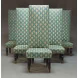 A set of six Victorian harlequin high back chairs, with turquoise and gold upholstery, on turned