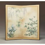 A Japanese painted two-panel bi-fold floral screen, lacquered frame with printed fabric border and a