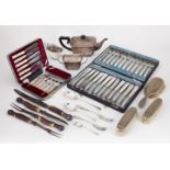 A quantity of silver plate and metal items including: a horn-handled silver mounted carving set,