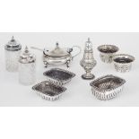 A three-piece silver cruet set, London, c.1901, Josiah Williams & Co, the two circular salts and