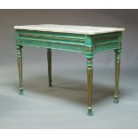 A Louis XVI painted marble topped console table, the frame with gilded and pierced decoration,