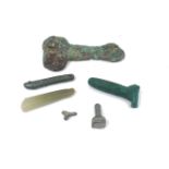 A group of Modern Roman style objects of vertu, comprising; a malachite phallus, 11.5cm long, an