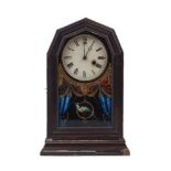 A table clock, 20th century, wood with painted glass parakeet design to front, a Roman numeral
