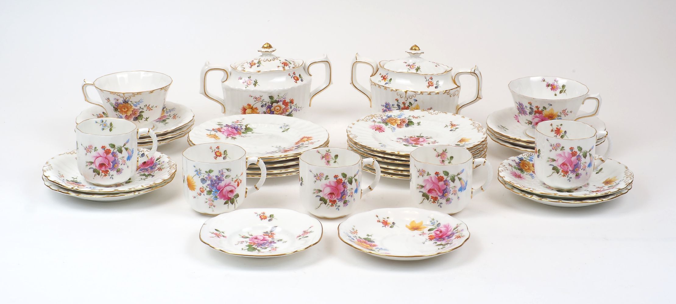 A Royal Crown Derby Posie pattern part tea set, 20th Century, comprising: two twin handled sugar