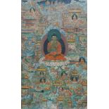 A Tibetan Thangka, early 20th century, hand painted on linen, depicting Shakyamuni Buddha in the