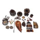 A group of Indian metalware and other items, to include: a steel pot, a brass concertina hanging