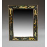 A 20th Century black lacquered wall mirror, the frame painted with various animals in a chase,