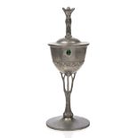 Imperial Zinn, an Art Nouveau pewter cup and cover set with green glass cabochons, c.1900, cast