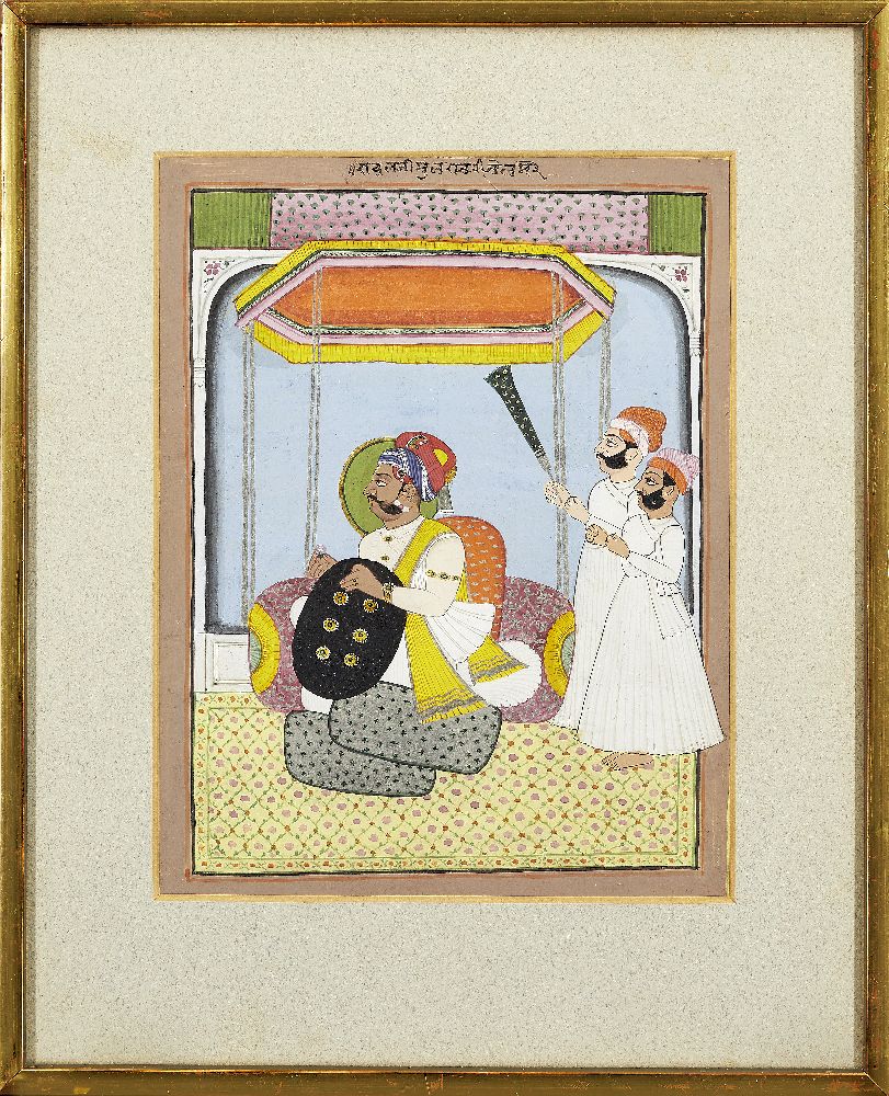 A seated ruler and attendants, Mewar, Punjab, India, circa 1900, opaque pigments heightened with - Image 2 of 6