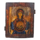 Two Russian icons, 19th Century, one depicting the Virgin of the Sign, the Virgin clothed in red and
