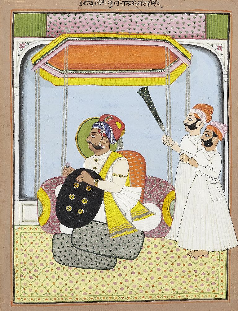 A seated ruler and attendants, Mewar, Punjab, India, circa 1900, opaque pigments heightened with