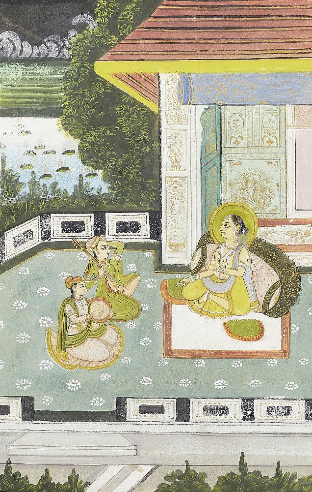 A seated ruler and attendants, Mewar, Punjab, India, circa 1900, opaque pigments heightened with - Image 3 of 6