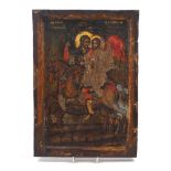 A Greek icon depicting two bearded saints on horseback, each carrying a spear, the panel 32cm x 22.