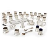 A large quantity of silver plated cruets, some with blue glass liners, each with the Athenaeum