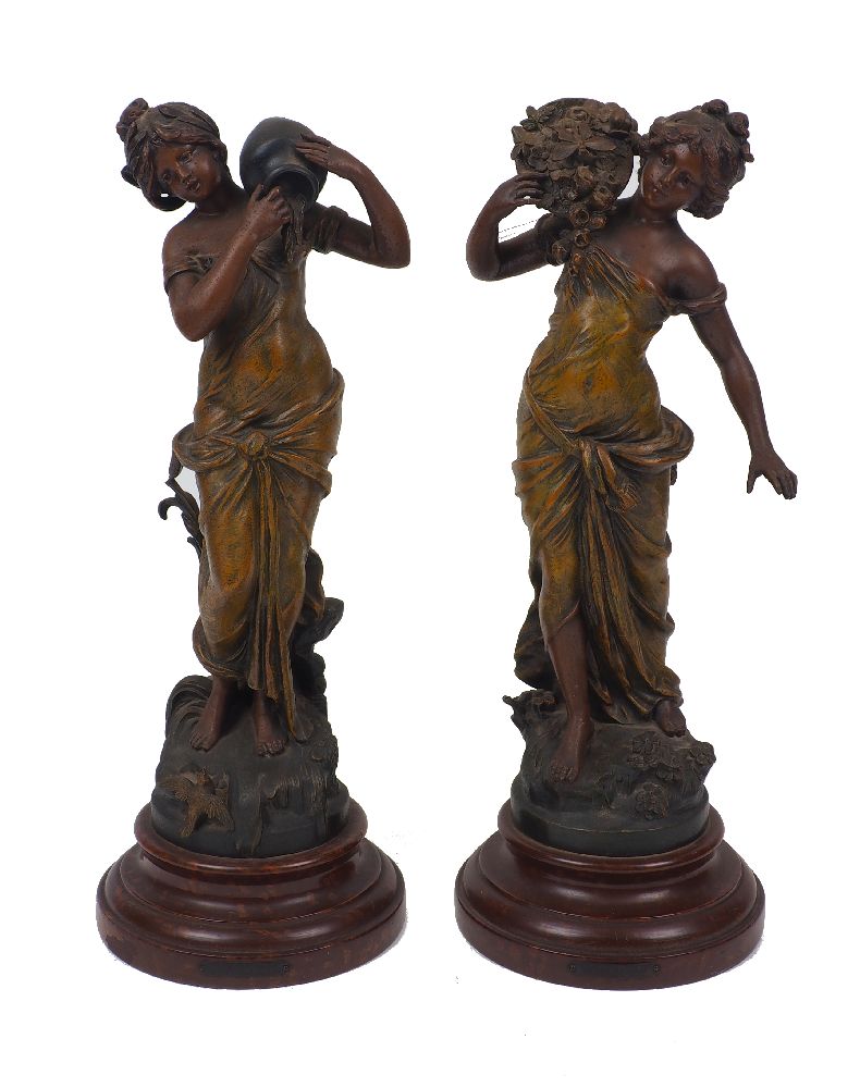 A pair of cold-painted figures, after Moreau, 20th century, spelter on wood plinths, each figure