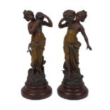 A pair of cold-painted figures, after Moreau, 20th century, spelter on wood plinths, each figure