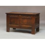 A late 17th Century oak joined chest, circa 1680, of small proportions, the two-panel lid with