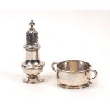 A silver sugar caster, 1974, William Comyns & Sons, together with a George V silver porringer,